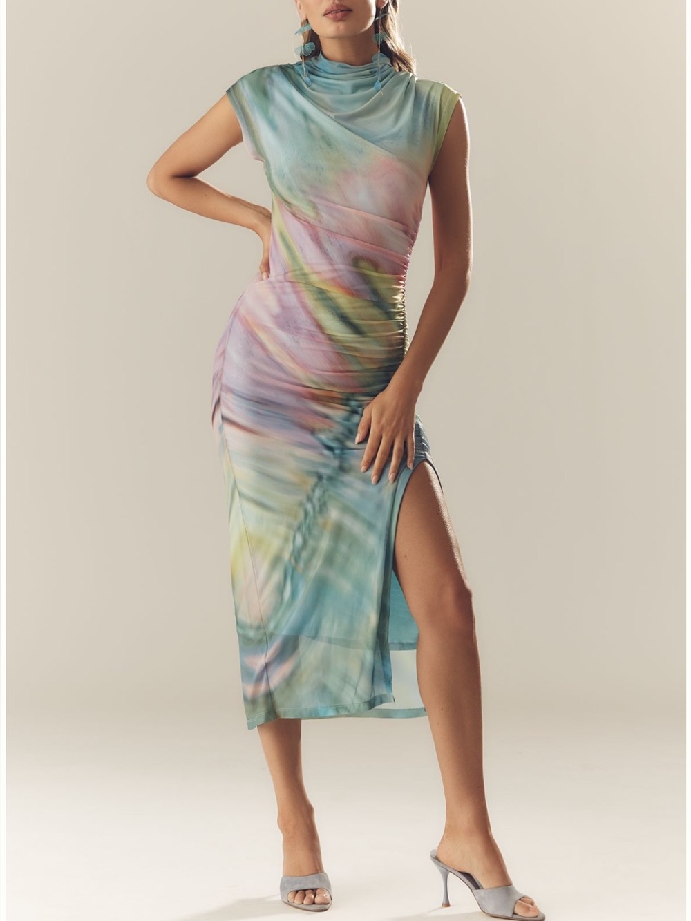 ANTHROPOLOGIE  The Maya Ruched Cowl-Neck Meah Dress – Green Pattern - Picture 8 of 11
